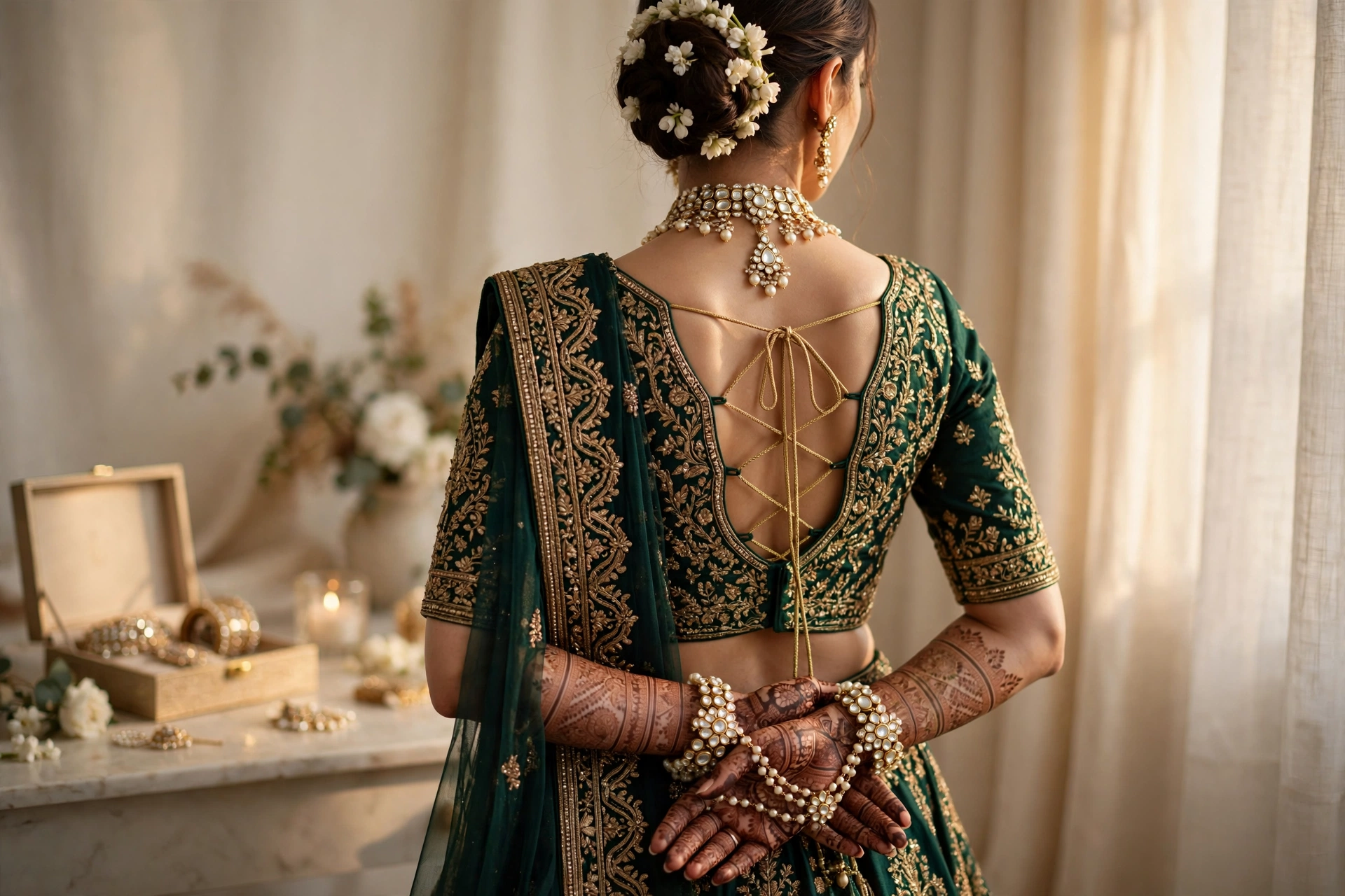 A bride seen from behind in an emerald and gold embroidered lehenga, wearing kundan jewellery, her hennaed hands joined with hathphool hand chains