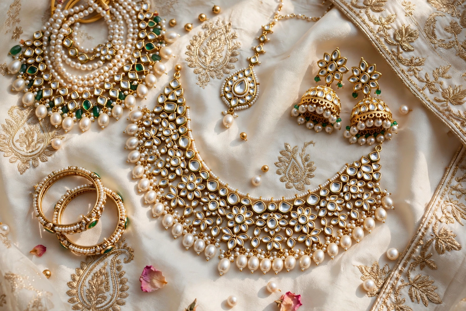 A flat lay of kundan bridal jewellery — necklace, jhumka earrings, maang tikka and bangles on ivory silk with gold embroidery