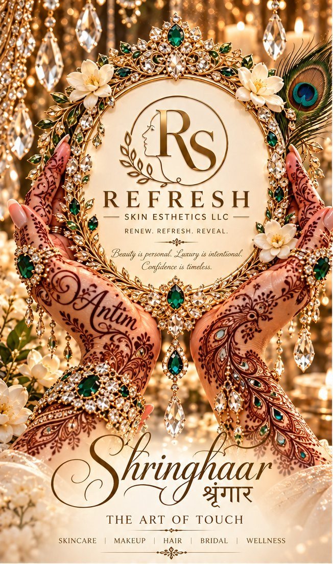 The master emblem of the house: hennaed hands holding a jeweled gold frame with the Refresh RS seal, above the words Shringhaar — The Art of Touch; skincare, makeup, hair, bridal, wellness