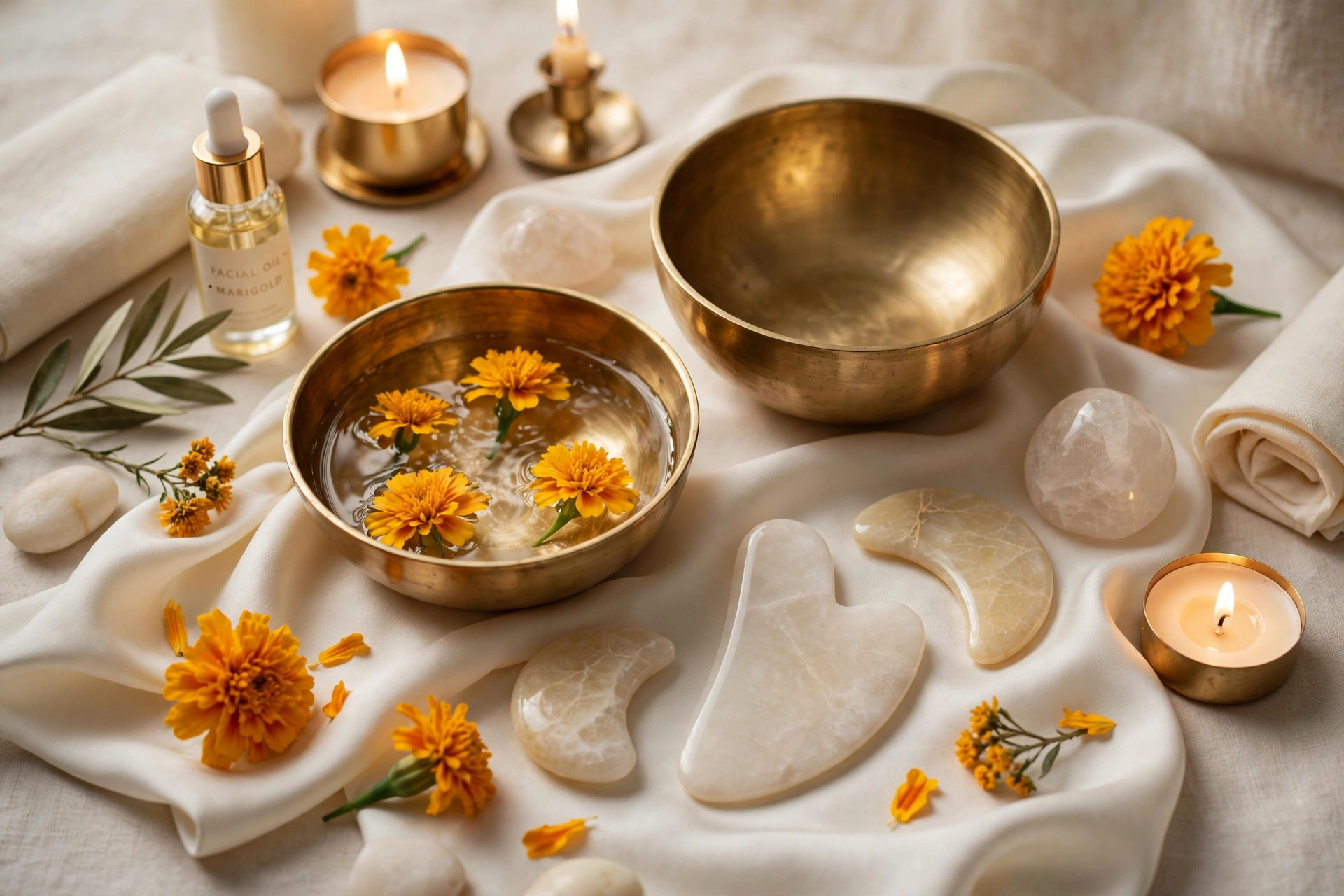 A still life of a skin ritual — gua sha stones, brass bowls, flowers and silk in ivory and gold light