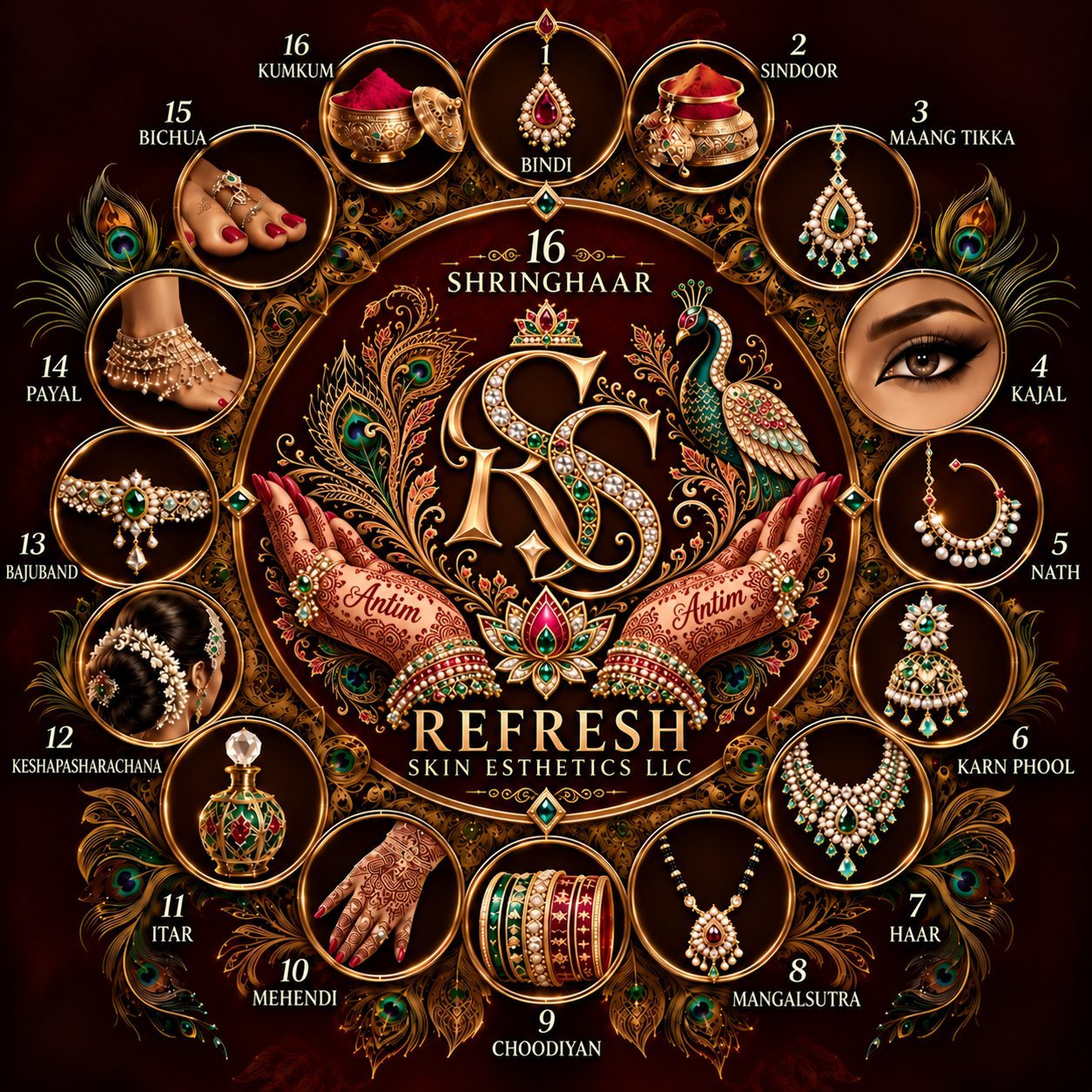 The 16 Shringhaar wheel emblem: a gold RS monogram held by hennaed hands signed Antim, with a peacock and lotus, encircled by the sixteen numbered adornments — Bindi, Sindoor, Maang Tikka, Kajal, Nath, Karn Phool, Haar, Mangalsutra, Choodiyan, Mehendi, Itar, Keshapasharachana, Bajuband, Payal, Bichua and Kumkum — for Refresh Skin Esthetics LLC