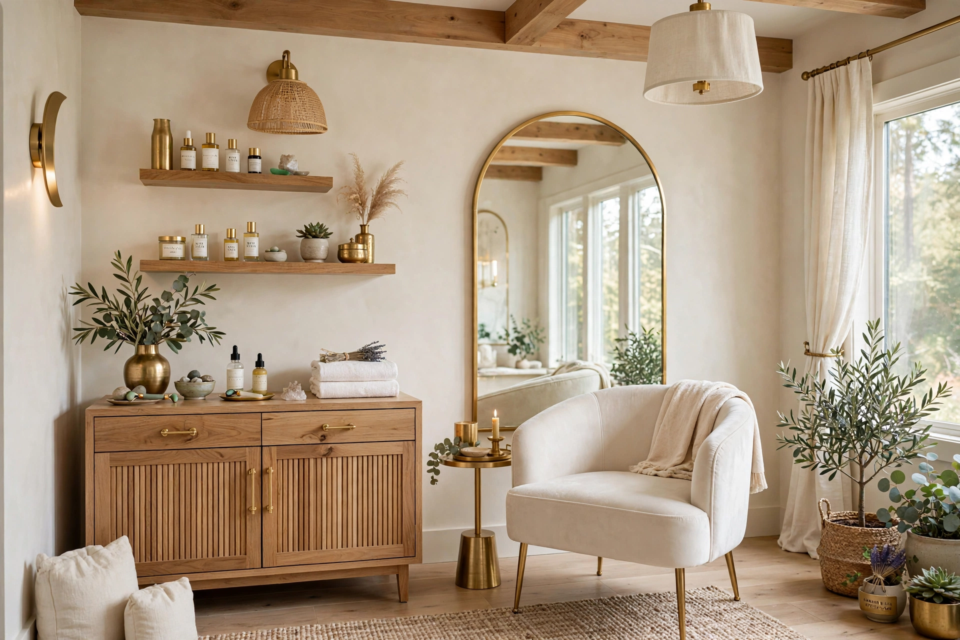 The serene ivory and gold studio interior with an arched mirror and velvet chair
